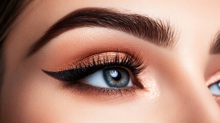 Obraz premium A detailed shot of a woman's eyes with dramatic smoky eye makeup, featuring perfectly blended eyeshadow, winged eyeliner, and voluminous lashes.