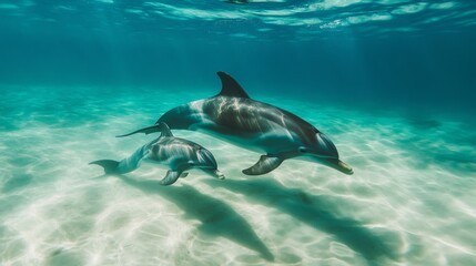 Naklejka premium A dolphin mother and her calf swimming close together in shallow turquoise waters, showcasing their strong bond.