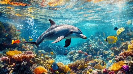 Obraz premium A dolphin swimming gracefully underwater, surrounded by a school of colorful fish in a crystal-clear ocean.