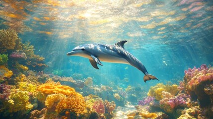 Fototapeta premium A dolphin swimming near a coral reef, with the sun's rays filtering through the clear water, creating a magical underwater scene.