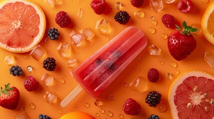 On an orange backdrop with icy fruits and water droplets a berry popsicle melts