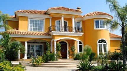 Fototapeta premium A beautiful yellow Mediterranean-style house with a terracotta roof, lush landscaping, and a grand entrance with steps.