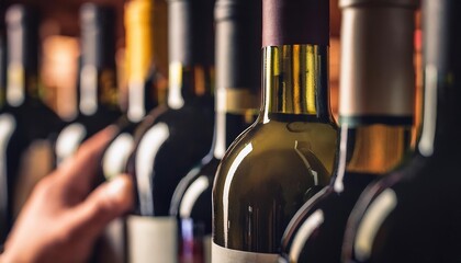 Wine bottles stacked in the background, a hand picking one up, from a bar or supermarket.