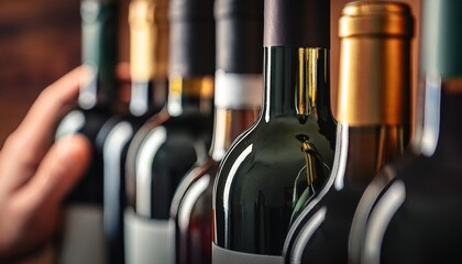 Close-up of piled wine bottles