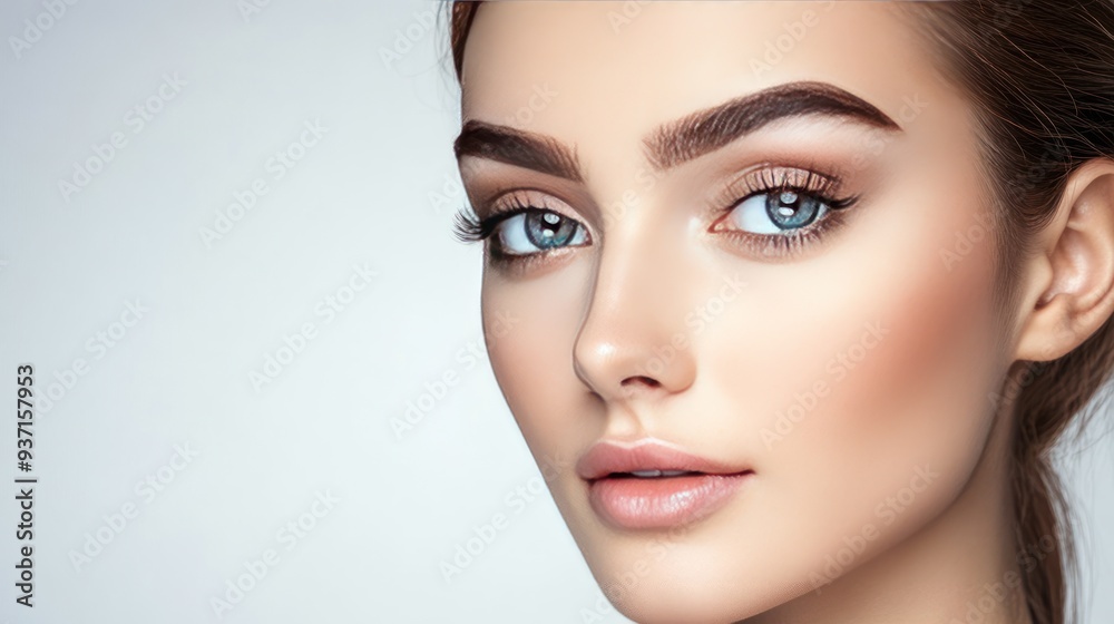 Poster Close-up portrait of a young woman with natural makeup and blue eyes looking at the camera.