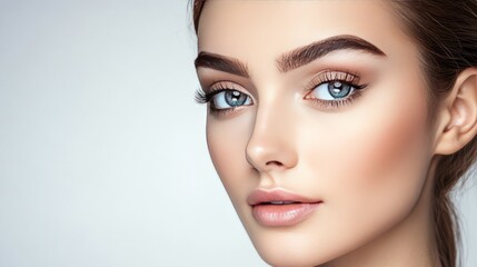 Fototapeta premium Close-up portrait of a young woman with natural makeup and blue eyes looking at the camera.