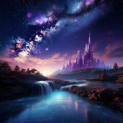 Fototapeta premium A fantasy land of rivers and waterfalls with a crystal city in the background.