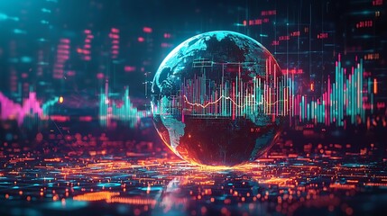 Fototapeta premium Global data network with analytics and chart, illustrating the interconnected flow of information in a digital world.