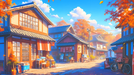 Fototapeta premium Beautiful Anime Manga Art of LOFI House on Cobblestone Street