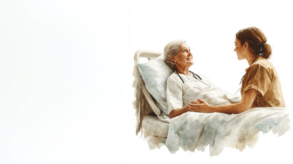 Brown watercolor painting of a nurse taking care patient on bed