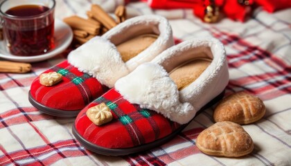  Cozy Christmas  Plaid Slippers Cookies and Cocoa