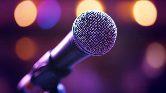 microphone positioned in front of a blurred background at a conference or seminar, symbolizing communication, public speaking, and professional presentations