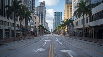 Obraz premium A quiet afternoon on a palm-lined street in a modern city, showcasing tall buildings and a clear blue sky