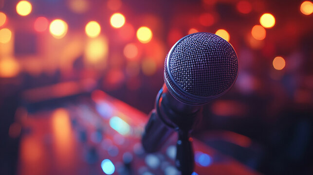 microphone positioned in front of a blurred background at a conference or seminar, symbolizing communication, public speaking, and professional presentations