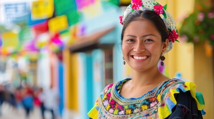 Fototapeta premium Portrait of a Smiling Woman in Traditional Guatemalan Clothing