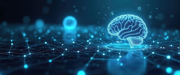 Fototapeta premium A futuristic digital representation of a brain, symbolizing artificial intelligence, data processing, and technology innovation connecting through a network of glowing lines.