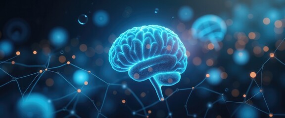 Fototapeta premium A striking digital illustration of a glowing blue brain, surrounded by interconnected nodes and particles, symbolizing innovation in neuroscience, technology, and artificial intelligence.