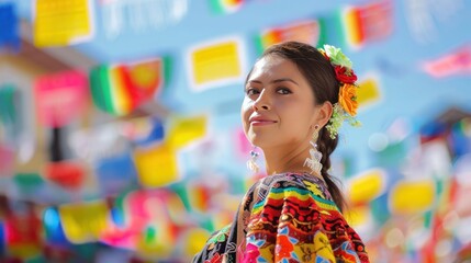 Fototapeta premium Woman in Traditional Dress Against a Colorful Background