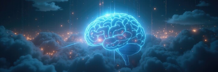 Fototapeta premium A glowing brain symbolizing intelligence and creativity, set against a dreamy, cloud-filled background; perfect for technology, education, and innovation themes.