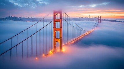 Obraz premium Golden Gate Bridge Foggy Sunset Landscape: Foggy sunset view of the Golden Gate Bridge, blending iconic architecture with a mystical atmosphere.