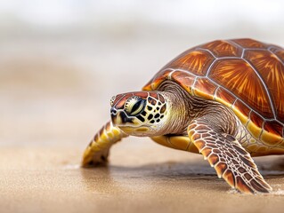 Obraz premium A close-up of a beautiful sea turtle emerging from sandy beach, showcasing intricate shell patterns and vivid colors.