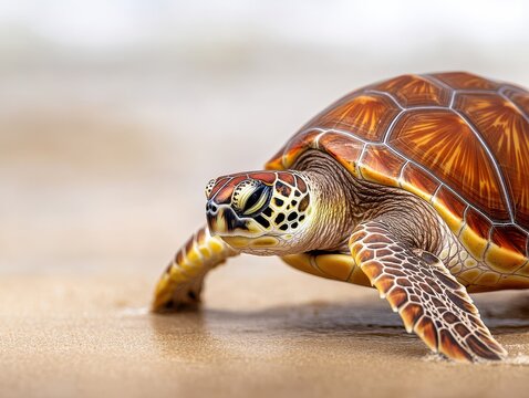 A close-up of a beautiful sea turtle emerging from sandy beach, showcasing intricate shell patterns and vivid colors.