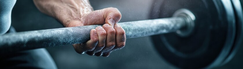 Fototapeta premium A close-up of a hand gripping a weight barbell, showcasing strength and determination in fitness training and bodybuilding.