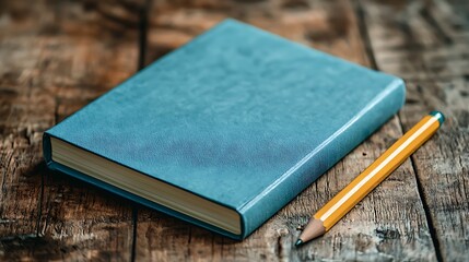 Blue notebook and pencil on a rustic wooden table, creating a classic and inviting setting perfect for writing and reflection.
