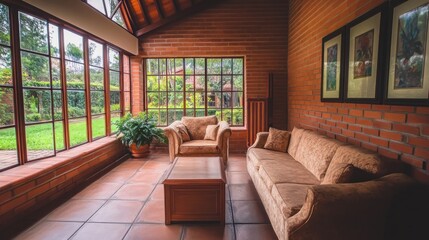 Fototapeta premium Cozy living room with a large window overlooking a garden, brick walls, a sofa, and a coffee table.