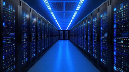 A modern data center corridor filled with high-tech servers illuminated by vibrant blue lights, showcasing advanced technology.