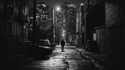 Lonely Figure Walking Down Dark City Alley at Night