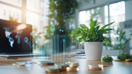 In a modern office setting, a lush green plant sits next to data visualization graphics, symbolizing growth, creativity, and inspiration. A dynamic blend of nature and technology thrives here.