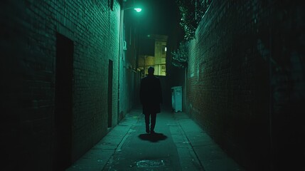 Silhouette of Person Walking Alone in a Dark Alleyway at Night