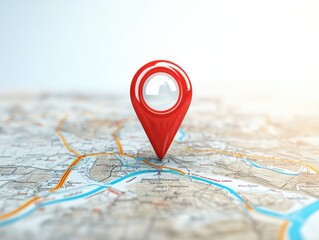A vibrant red location marker on a detailed map, symbolizing navigation and exploring new destinations.