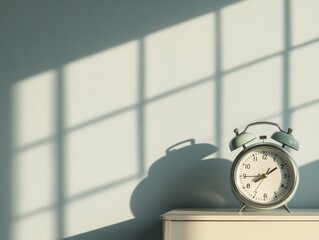 A vintage alarm clock on a bedside table casting shadows on a light blue wall, capturing a serene morning ambiance.