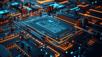 Obraz premium Advanced AI processing quantum data, intricate patterns, dark environment with blue glow