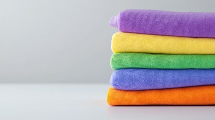 Colorful folded towels stacked neatly on a flat surface, perfect for showcasing cleanliness and vibrant home decor.