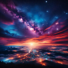 Fototapeta premium Stunning Night Sky Full of Stars Over a Lit-up City