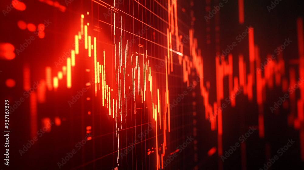 Poster dynamic fluctuations of a mesmerizing red waveform display radiating energy in a darkened digital en