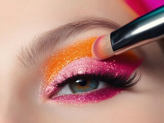 Naklejka premium Vibrant eye makeup application showcasing colorful shades and expert brush technique for a stunning look.
