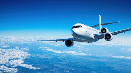 Fototapeta premium Business jet in flight over a global landscape, sleek and modern, clear blue sky