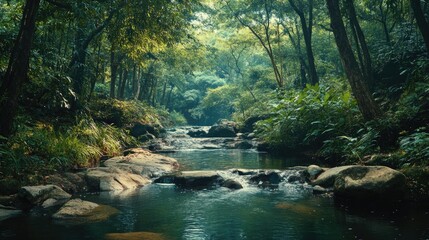 Fototapeta premium Tranquil South Asian stream flowing through the forest, with space for copy.