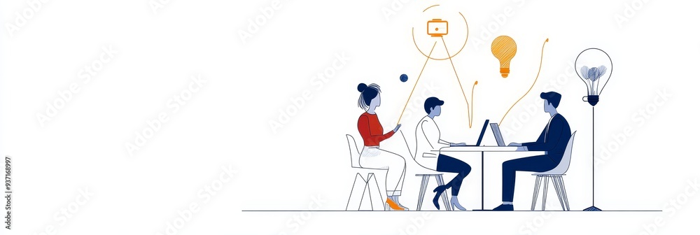 Poster Brainstorming Teamwork: Creative Collaboration with Lightbulb Ideas - Three people are sitting at a table working on a project together. They are surrounded by lightbulbs symbolizing new ideas. This i