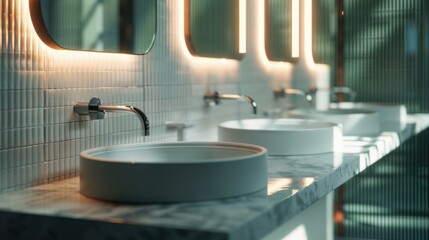 Fototapeta premium Minimalist Bathroom Interior Design with Sleek Sinks and Mirrors