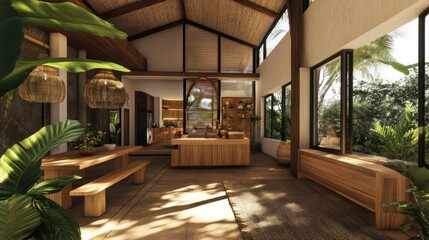 Modern minimalist dining room with a large wooden table