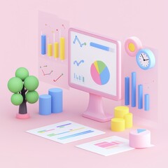 D Rendered Colorful Charts and Graphs for Business Presentation