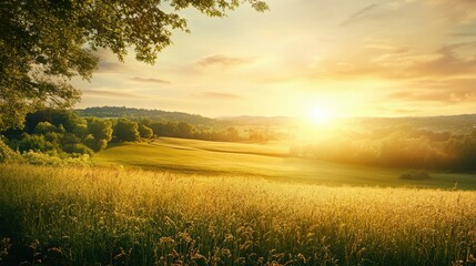 Obraz premium Warm morning sunlight over a peaceful countryside, with space for text.