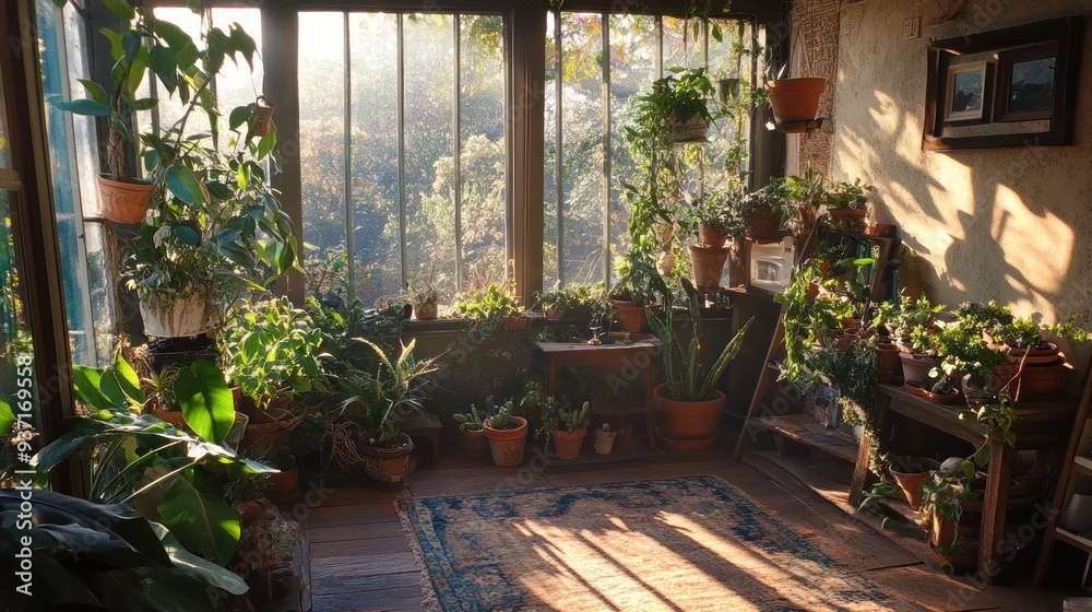 Poster Sunbeams illuminate a sunroom filled with potted plants.