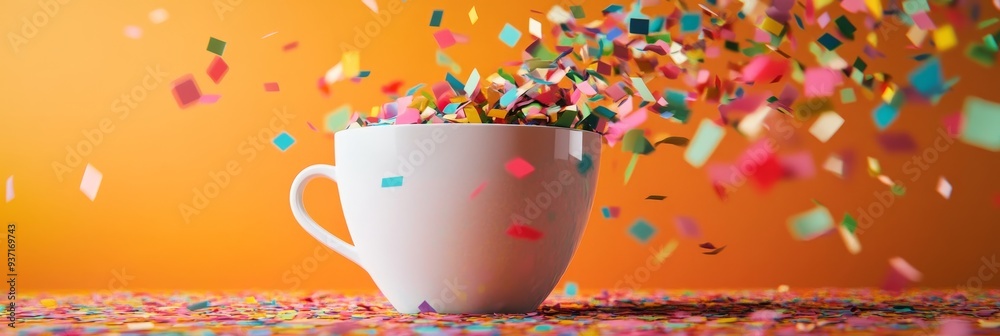 Canvas Prints Celebrate with Confetti: A Cup Overflowing with Joy - A white cup sits on a vibrant orange background, overflowing with colorful confetti, symbolizing joy, celebration, happiness, optimism, and new be