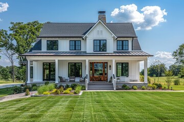 Obraz premium Modern farmhouse front yard with green grass, white walls, concrete accents, large windows, small raised garden bed, and trees in background.